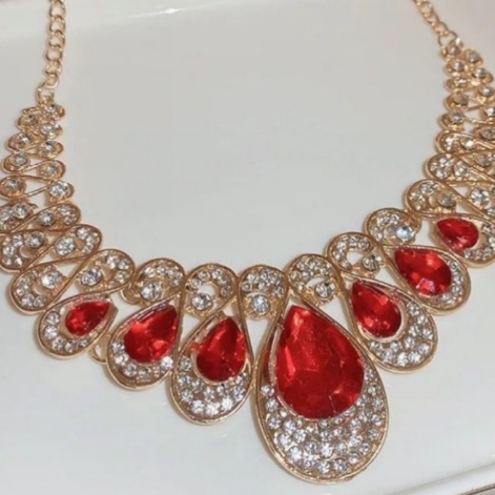 Private Label Gold-Tone Necklace and Earring Set with Red Teardrop Crystals NEW - Picture 8 of 8